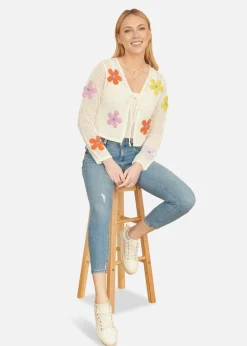 Yumi Ivory Tie Front Cardigan With Flower Design