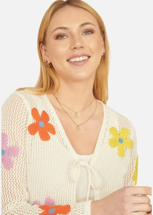Yumi Ivory Tie Front Cardigan With Flower Design