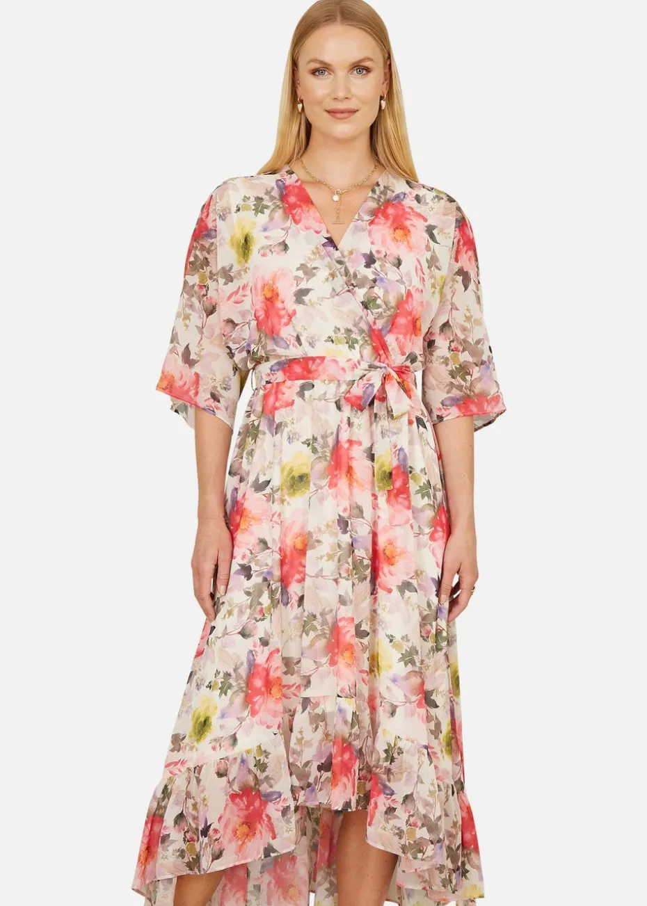 Yumi Ivory Vintage Floral Wrap Midi Dress With Frill