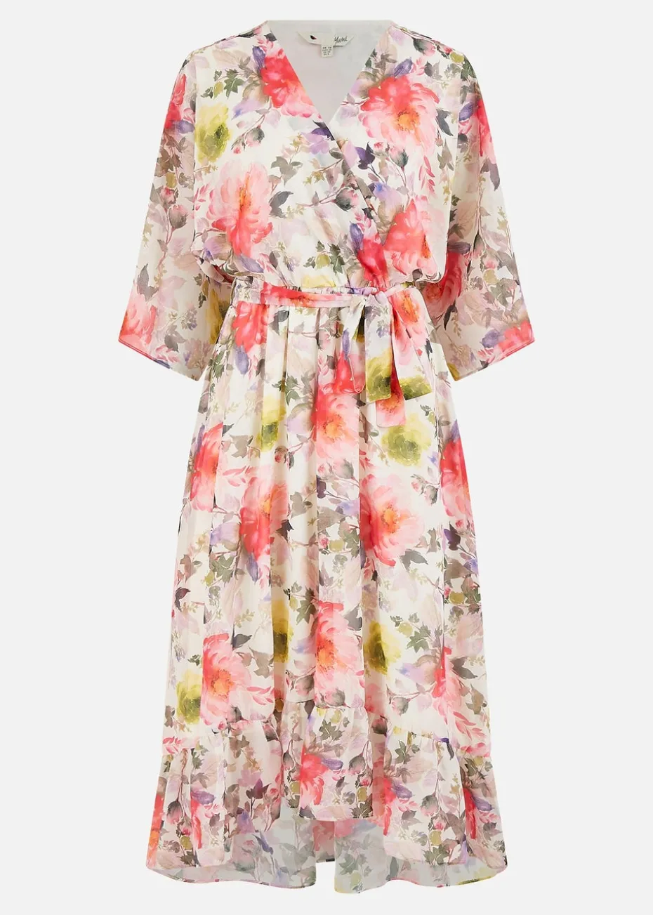 Yumi Ivory Vintage Floral Wrap Midi Dress With Frill