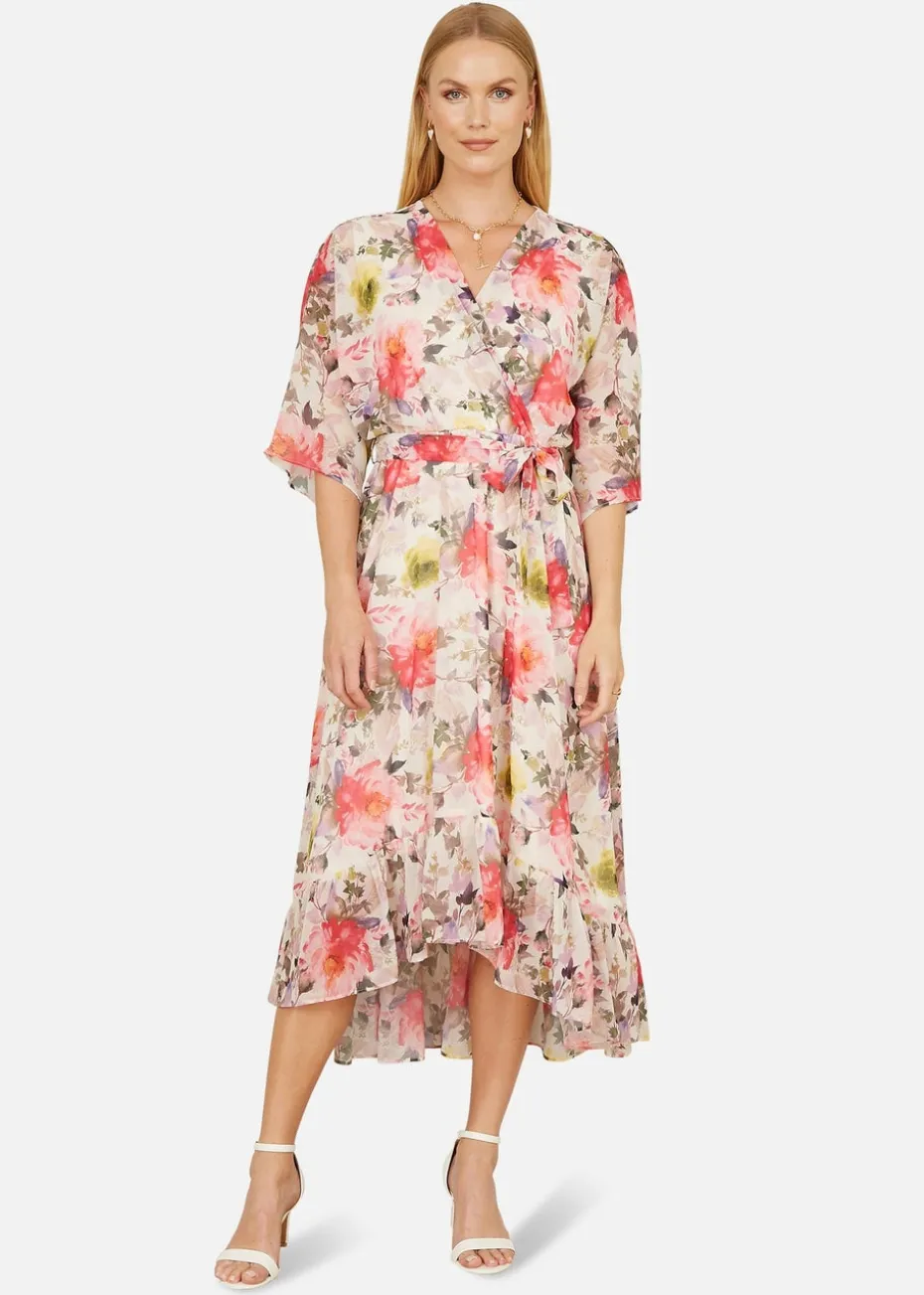 Yumi Ivory Vintage Floral Wrap Midi Dress With Frill