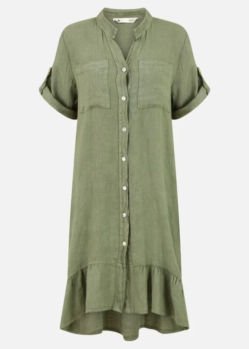 Yumi Khaki Italian Linen Shirt Dress With Frill Hem