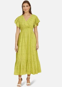 Yumi Lime Cotton Broderie Anglaise Wrap Midi Dress