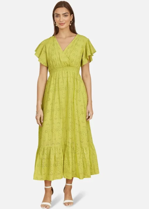 Yumi Lime Cotton Broderie Anglaise Wrap Midi Dress