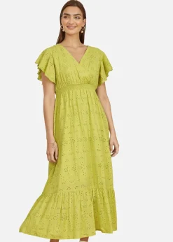 Yumi Lime Cotton Broderie Anglaise Wrap Midi Dress