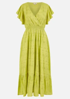 Yumi Lime Cotton Broderie Anglaise Wrap Midi Dress