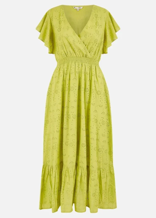 Yumi Lime Cotton Broderie Anglaise Wrap Midi Dress