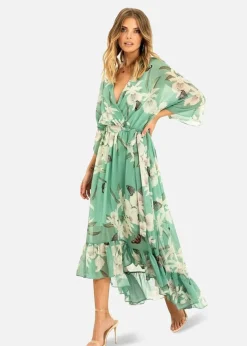 Yumi Mint Floral Print Kimono Midi Wrap Dress