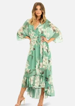 Yumi Mint Floral Print Kimono Midi Wrap Dress