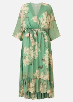 Yumi Mint Floral Print Kimono Midi Wrap Dress