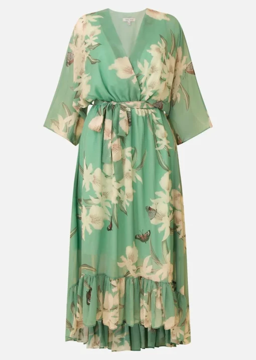 Yumi Mint Floral Print Kimono Midi Wrap Dress