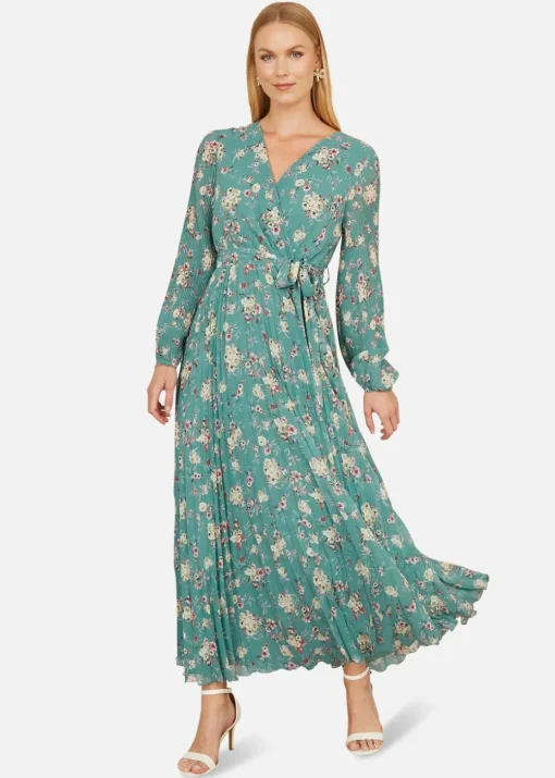 Yumi Mint Green Floral Pleated Long Sleeve Wrap Over Midi Dress