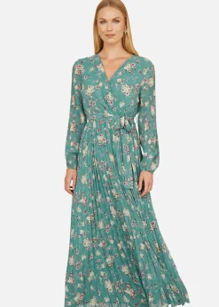 Yumi Mint Green Floral Pleated Long Sleeve Wrap Over Midi Dress