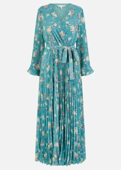 Yumi Mint Green Floral Pleated Long Sleeve Wrap Over Midi Dress