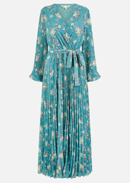 Yumi Mint Green Floral Pleated Long Sleeve Wrap Over Midi Dress