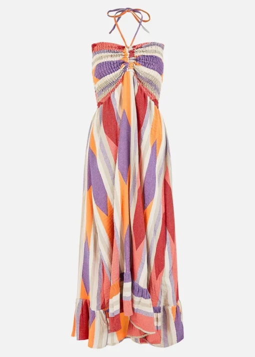Yumi Multicolour Block Print Halter Neck Cotton Maxi Dress