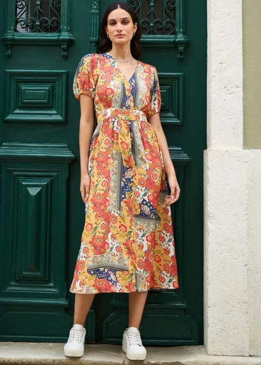 Yumi Multicolour Floral Patchwork Print Midi Shirt Dress