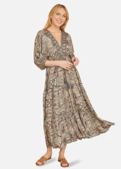 Yumi Multicolour Paisley Print Midi Kimono Dress With Tie Back