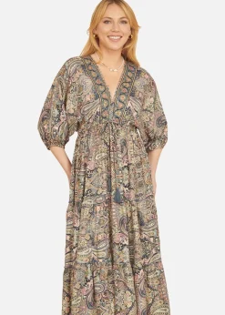 Yumi Multicolour Paisley Print Midi Kimono Dress With Tie Back
