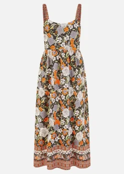 Yumi Multicolour Retro Floral Print Midi Sun Dress With Border Hem