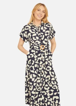 Yumi Navy Abstract Animal Print Relaxed Midi Shirt Dress With Belt