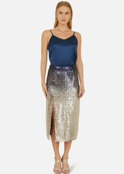 Yumi Navy & Silver Sequin Split Fitted Midi Skirt