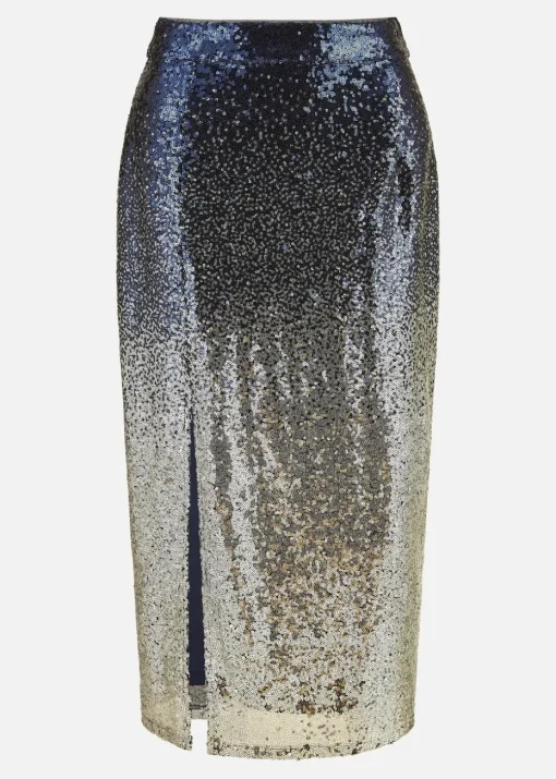 Yumi Navy & Silver Sequin Split Fitted Midi Skirt