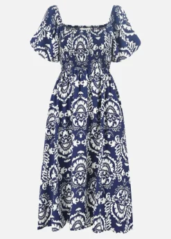 Yumi Navy Aztec Print Ruched Midi Dress