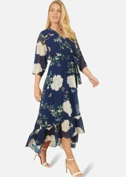 Yumi Navy Bird & Floral Print Midi Wrap Dress