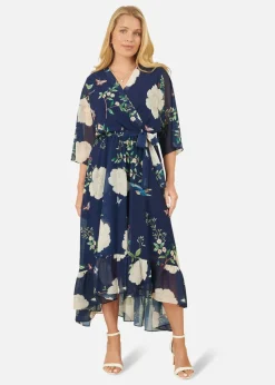 Yumi Navy Bird & Floral Print Midi Wrap Dress