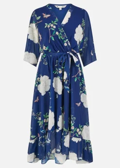 Yumi Navy Bird & Floral Print Midi Wrap Dress