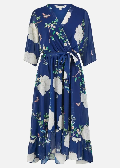 Yumi Navy Bird & Floral Print Midi Wrap Dress