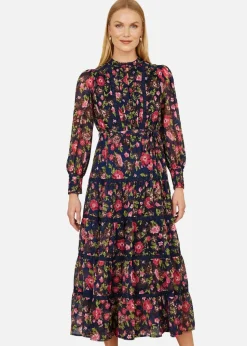 Yumi Navy Blossom Print Maxi Dress Lace Trims