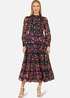 Yumi Navy Blossom Print Maxi Dress Lace Trims