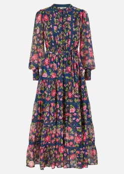 Yumi Navy Blossom Print Maxi Dress Lace Trims