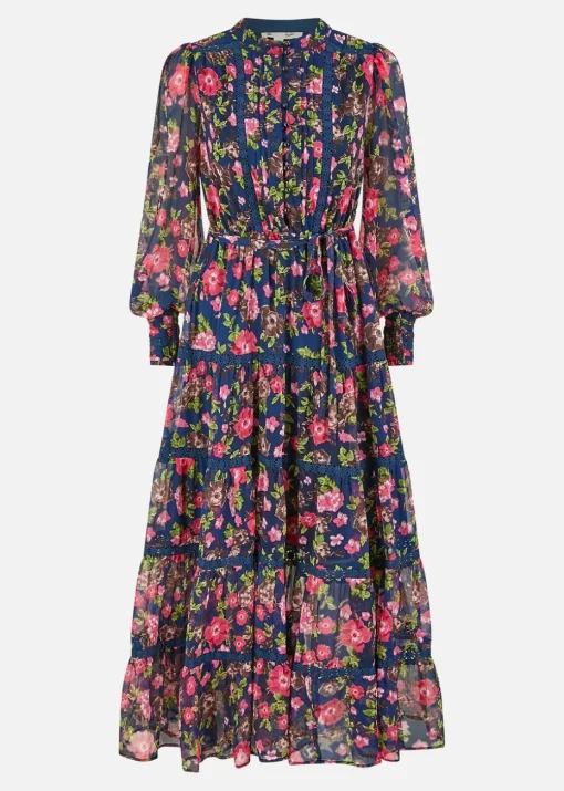 Yumi Navy Blossom Print Maxi Dress Lace Trims