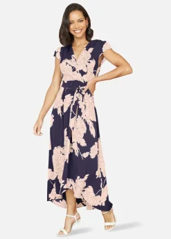 Yumi Navy Blossom Print Wrap Midi With Dipped Hem