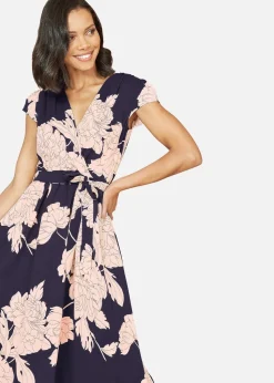 Yumi Navy Blossom Print Wrap Midi With Dipped Hem