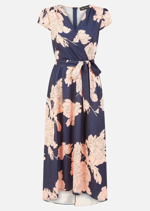 Yumi Navy Blossom Print Wrap Midi With Dipped Hem