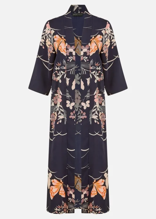 Yumi Navy Butterfly Print Long Kimono