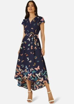 Yumi Navy Butterfly Print Dip Hem Midi Wrap Dress