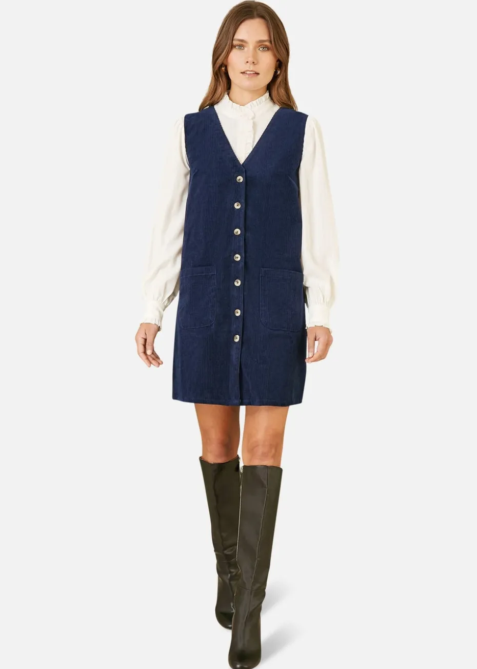 Yumi Navy Cord Button Through Pinafore Dress With Pockets