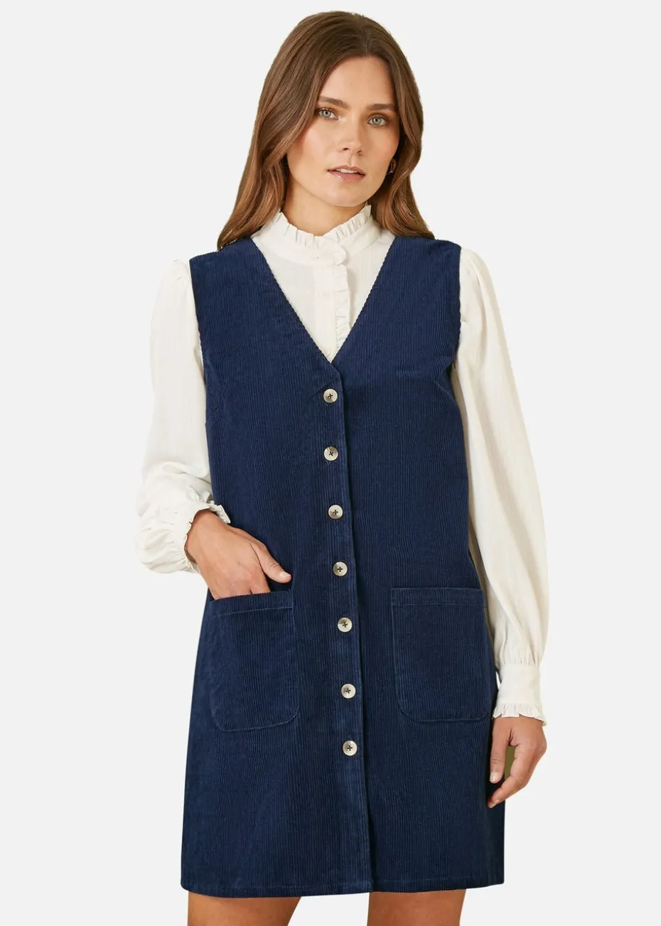 Yumi Navy Cord Button Through Pinafore Dress With Pockets
