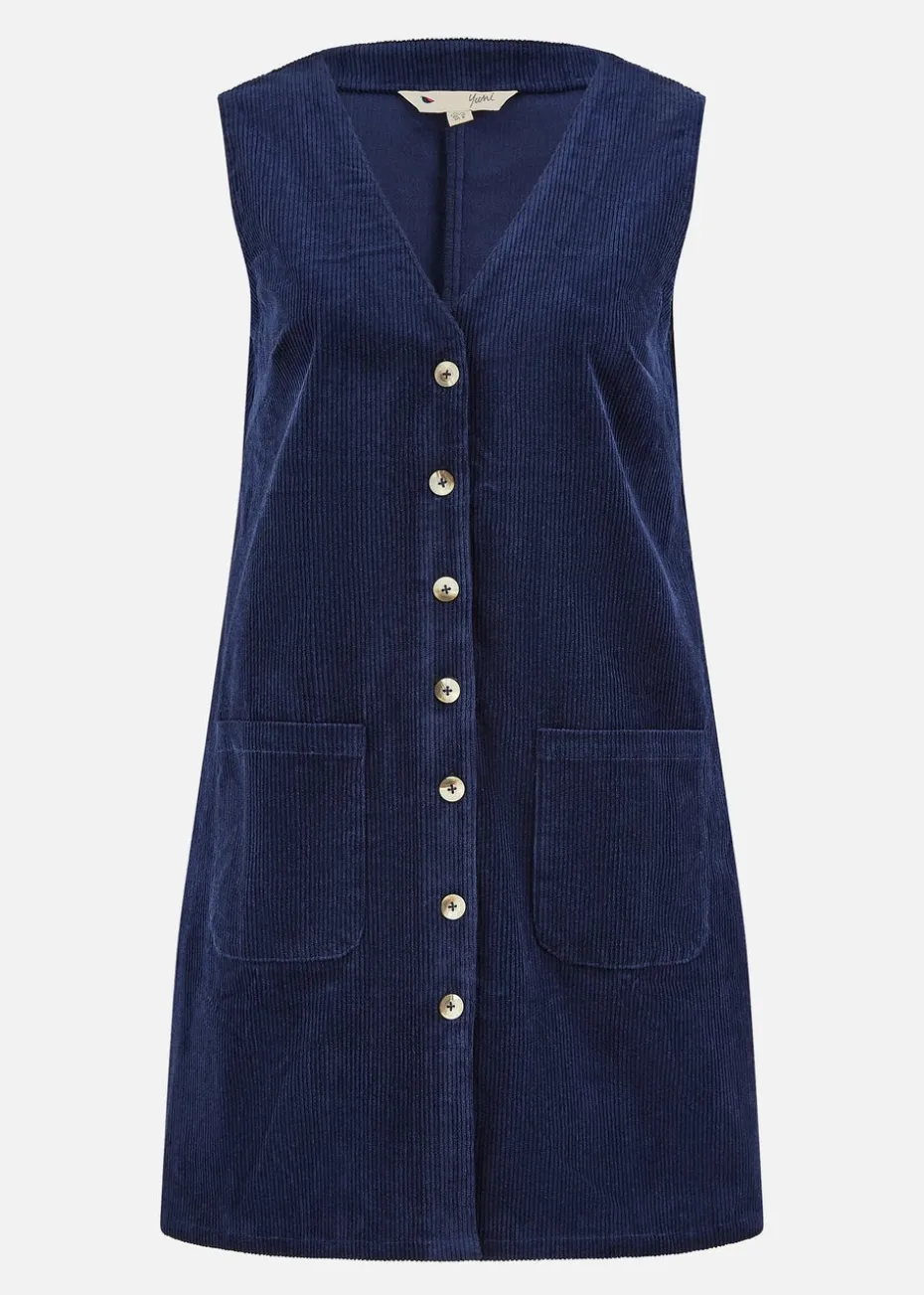 Yumi Navy Cord Button Through Pinafore Dress With Pockets