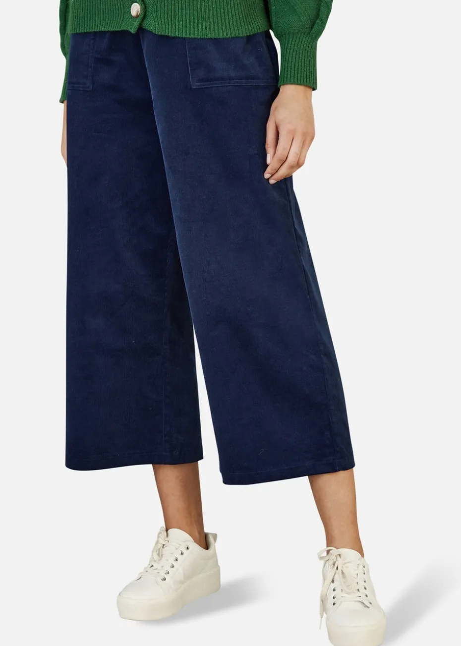 Yumi Navy Cord Cropped Wide Leg Trousers