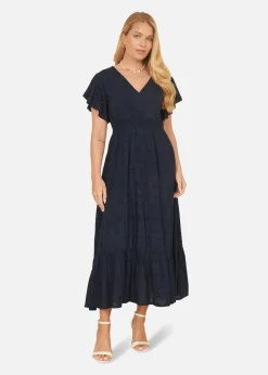 Yumi Navy Cotton Broderie Anglaise Wrap Midi Dress