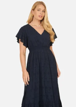 Yumi Navy Cotton Broderie Anglaise Wrap Midi Dress