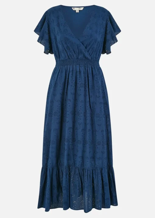 Yumi Navy Cotton Broderie Anglaise Wrap Midi Dress