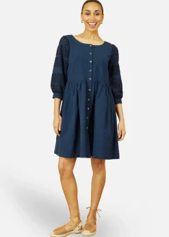 Yumi Navy Cotton Tunic With Broderie Anglaise Puff Sleeves