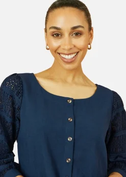 Yumi Navy Cotton Tunic With Broderie Anglaise Puff Sleeves